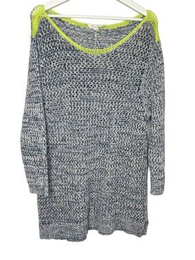 Vince Camuto Blue Open Knit Sweater Tunic Womens XL Neon Trim